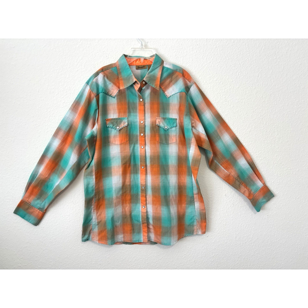 Wrangler Western Snap‎ Shirt Ombre Plaid Long Sleeve Orange Green Womens XXL